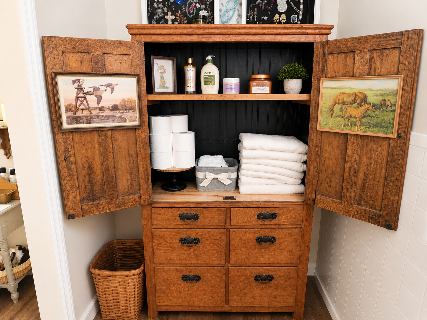 Pie safe repurposed as a bathroom cabinet with open doors revealing towels and framed artwork