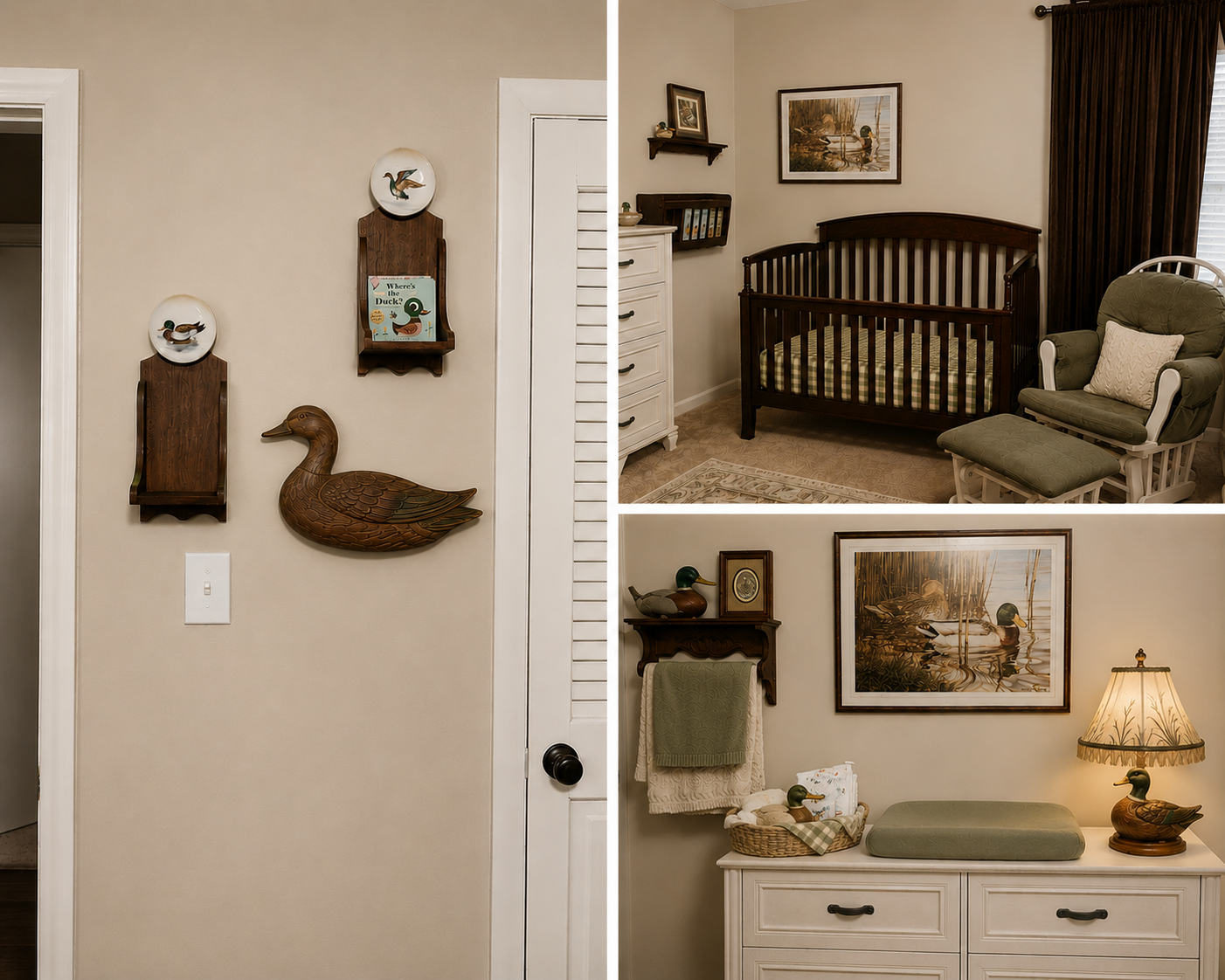 Duck-themed nursery with dark wood crib, green glider, duck plate wall display, and mallard artwork