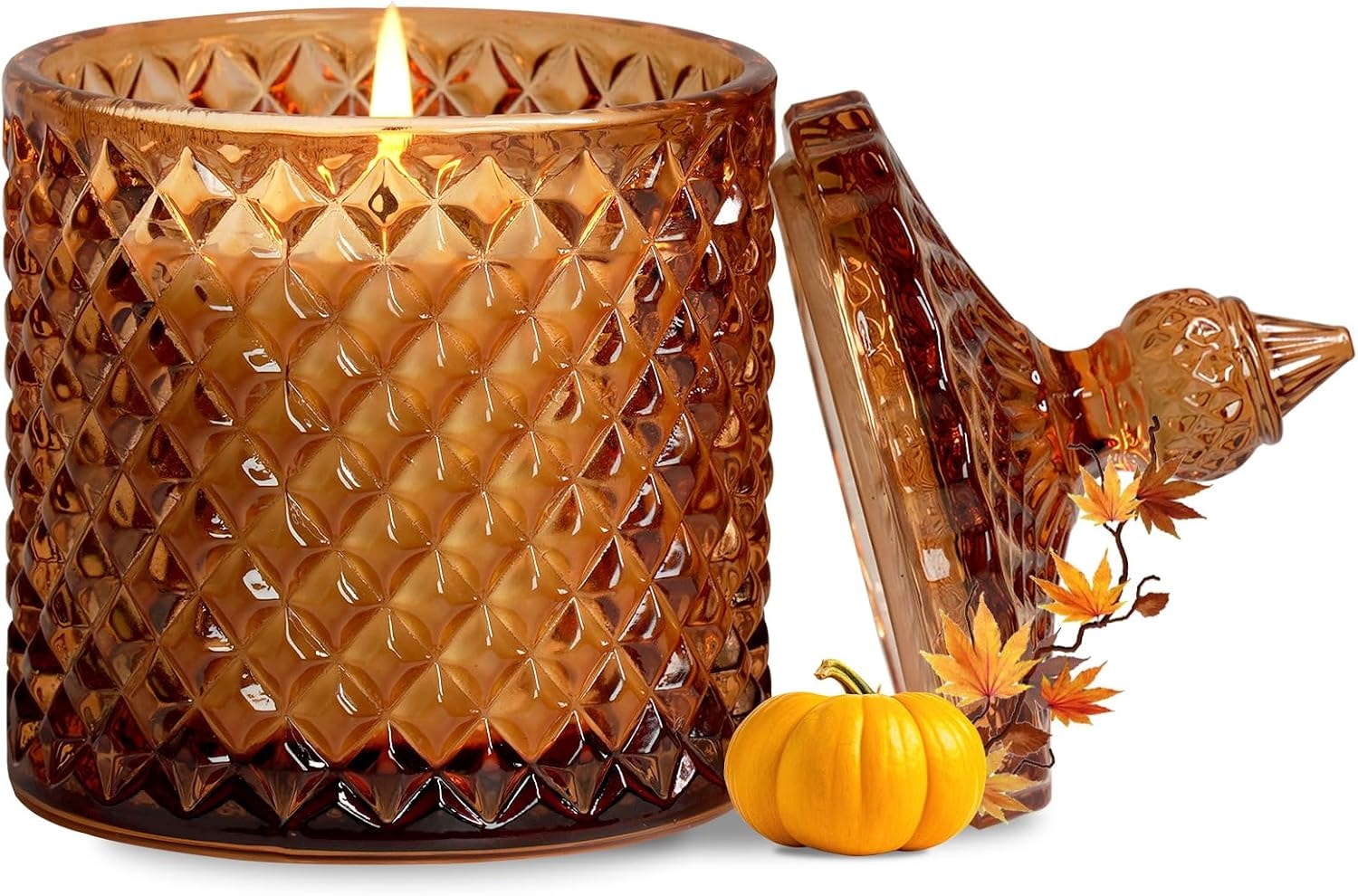 Amber Diamond-Cut Glass Candle with Bird Lid