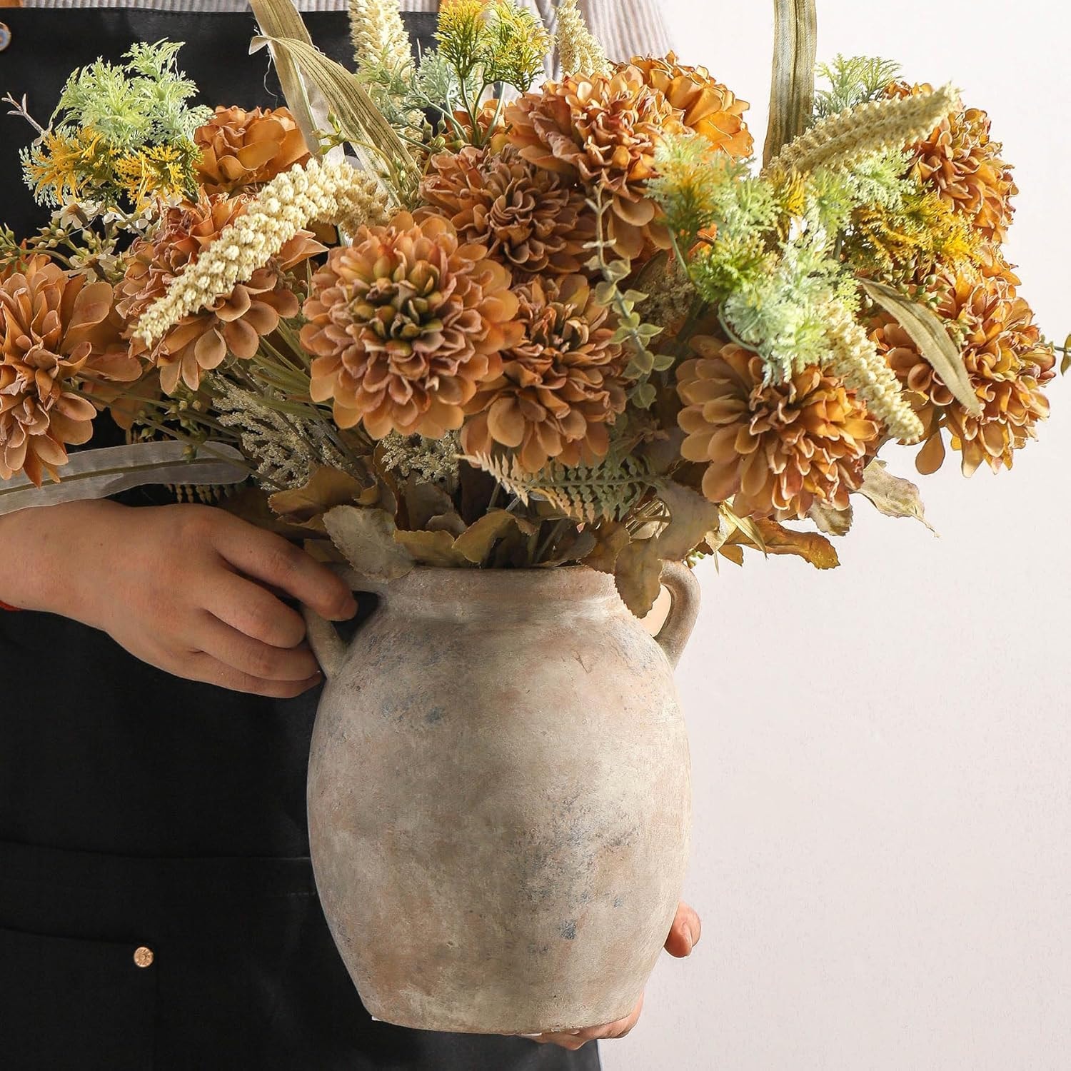 Burnt Orange Dahlia Stems in Rustic Pottery Jug