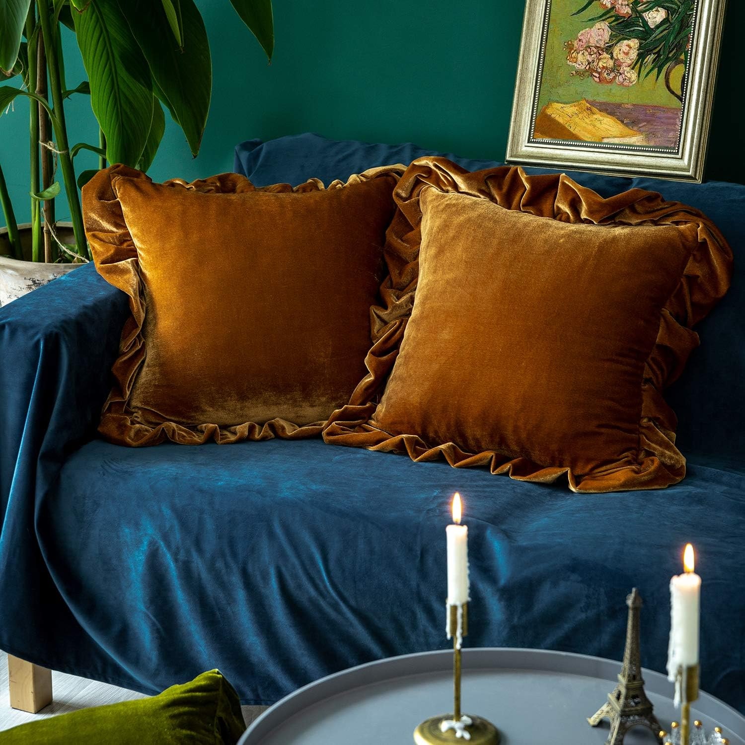 Gold Velvet Ruffle Pillow Covers — Set of 2