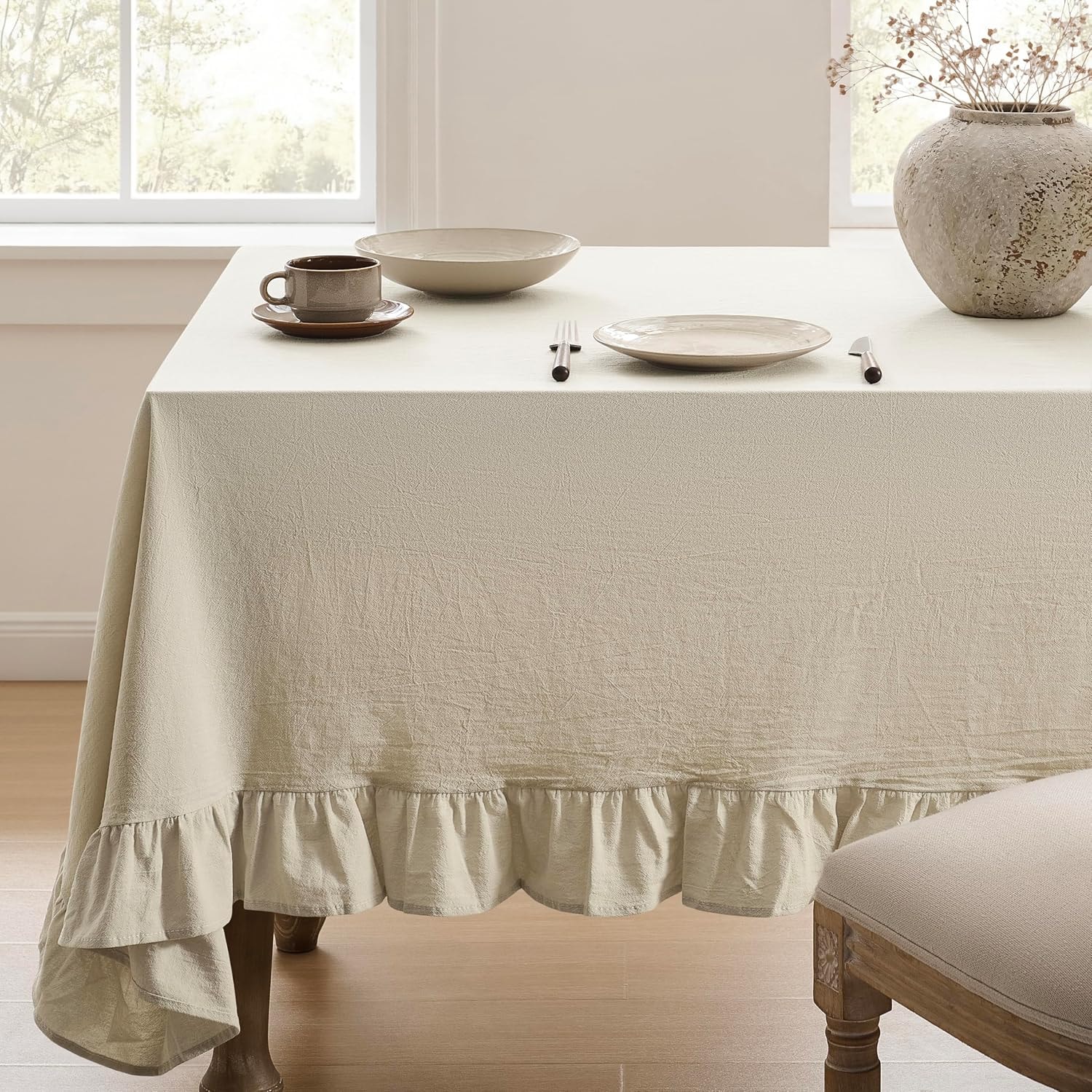 Linen Ruffle Tablecloth — Sage & Natural