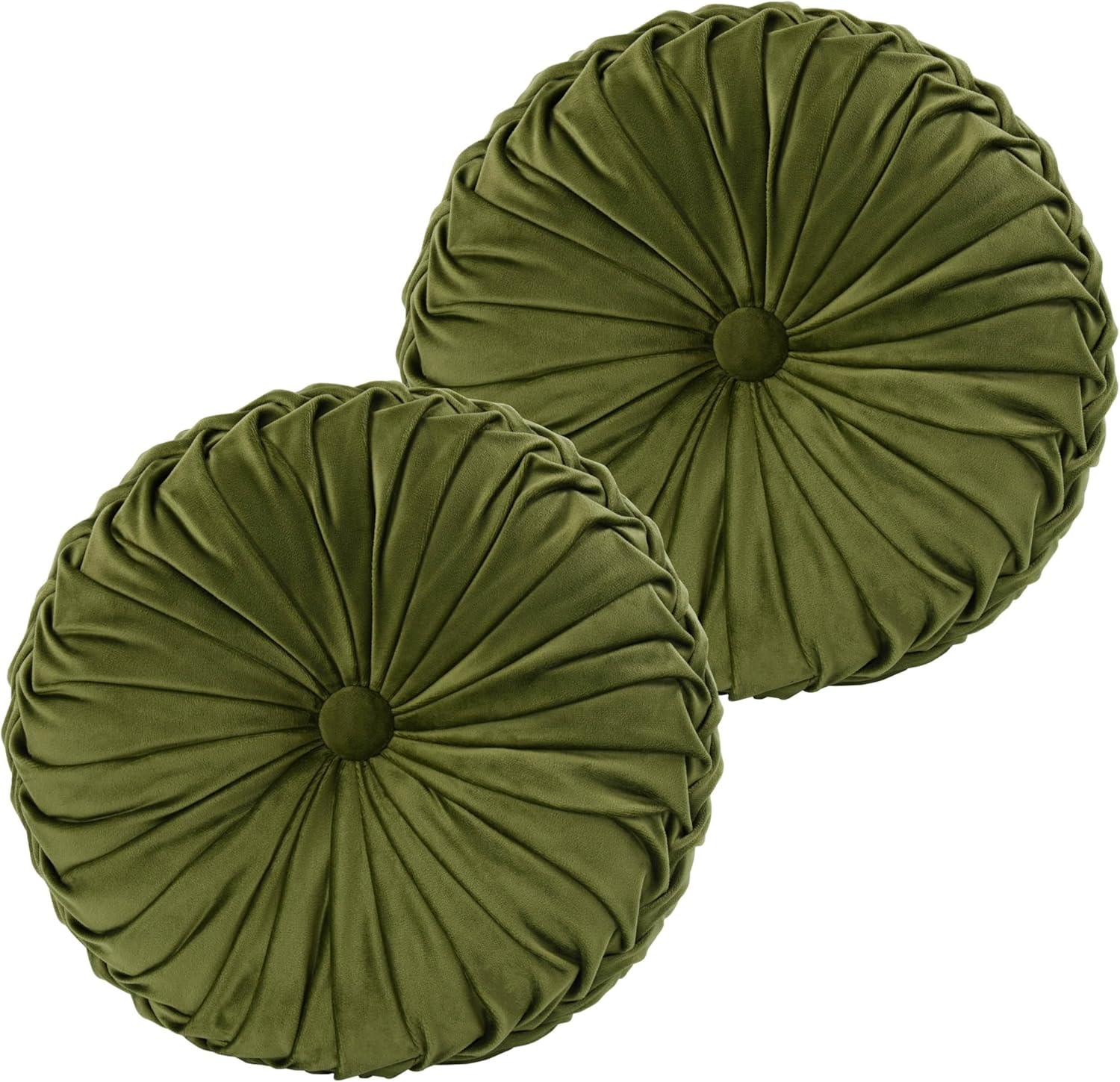 Olive Green Pleated Round Velvet Pillows — Set of 2