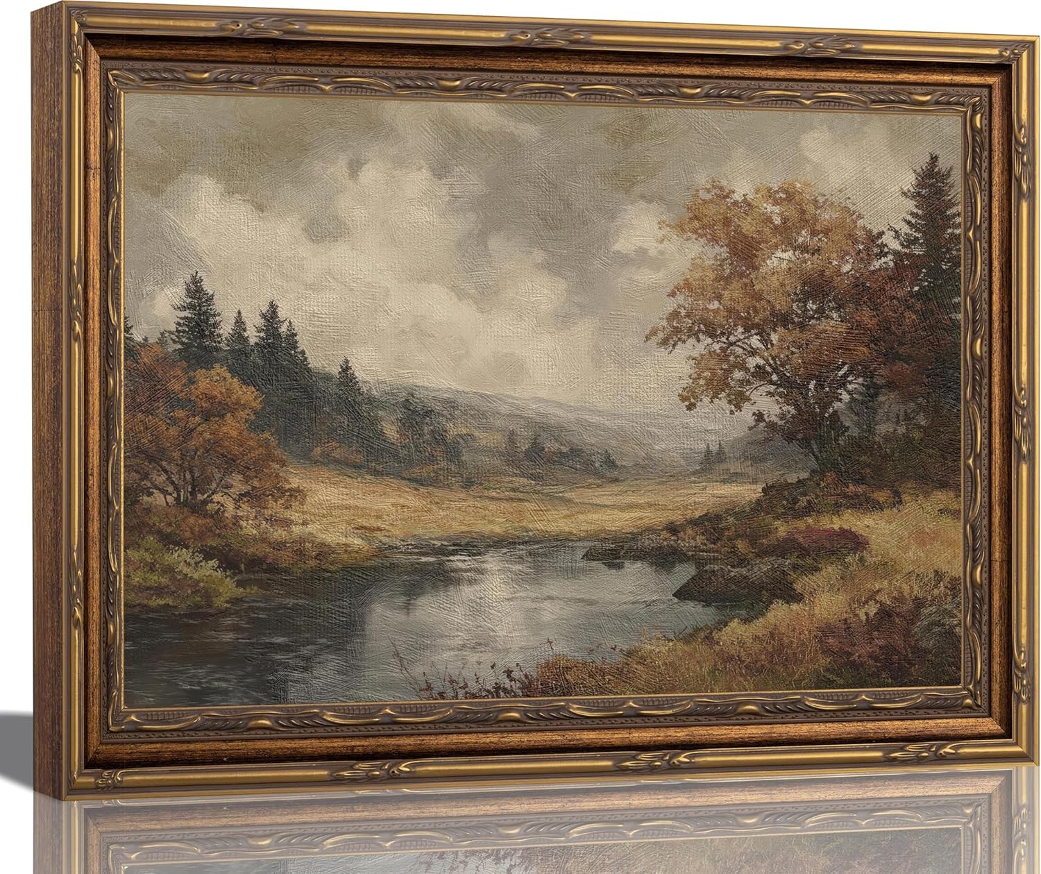 Vintage Autumn River Valley Framed Painting